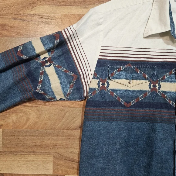 Western Essentials by Karman Shirt XL Vintage Aztec Chambray Denim Button-Up - Picture 2 of 9